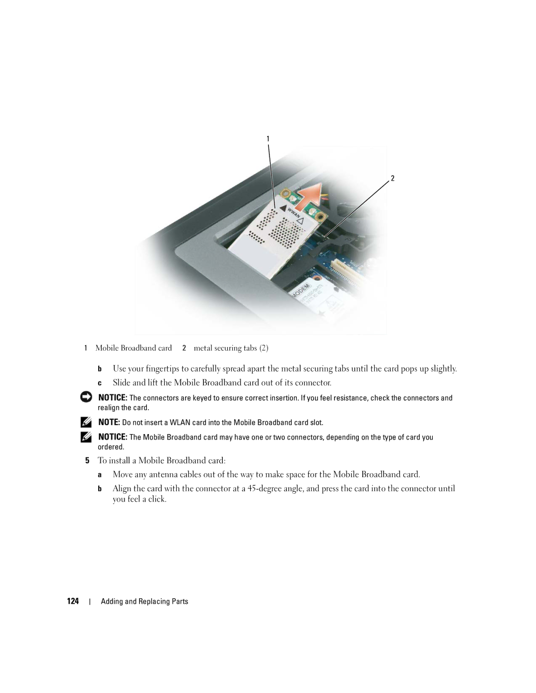 Dell NY105 manual Mobile Broadband card 2 metal securing tabs 