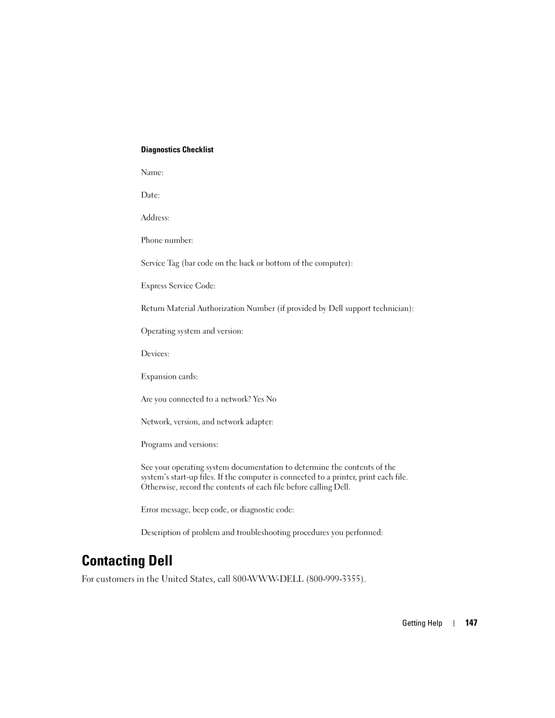 Dell NY105 manual Contacting Dell, For customers in the United States, call 800-WWW-DELL, 147 