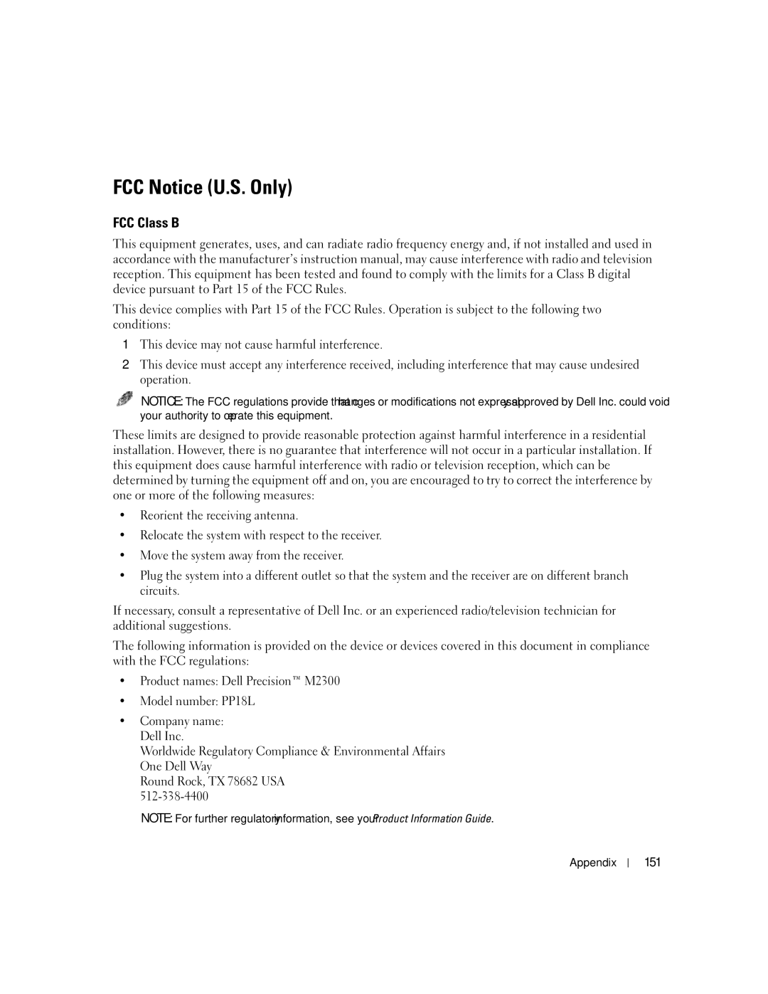 Dell NY105 manual FCC Notice U.S. Only, FCC Class B, 151 