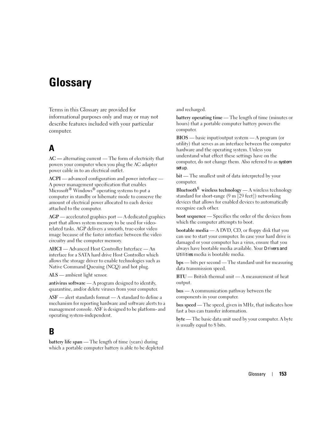 Dell NY105 manual Glossary, 153, ALS ambient light sensor 