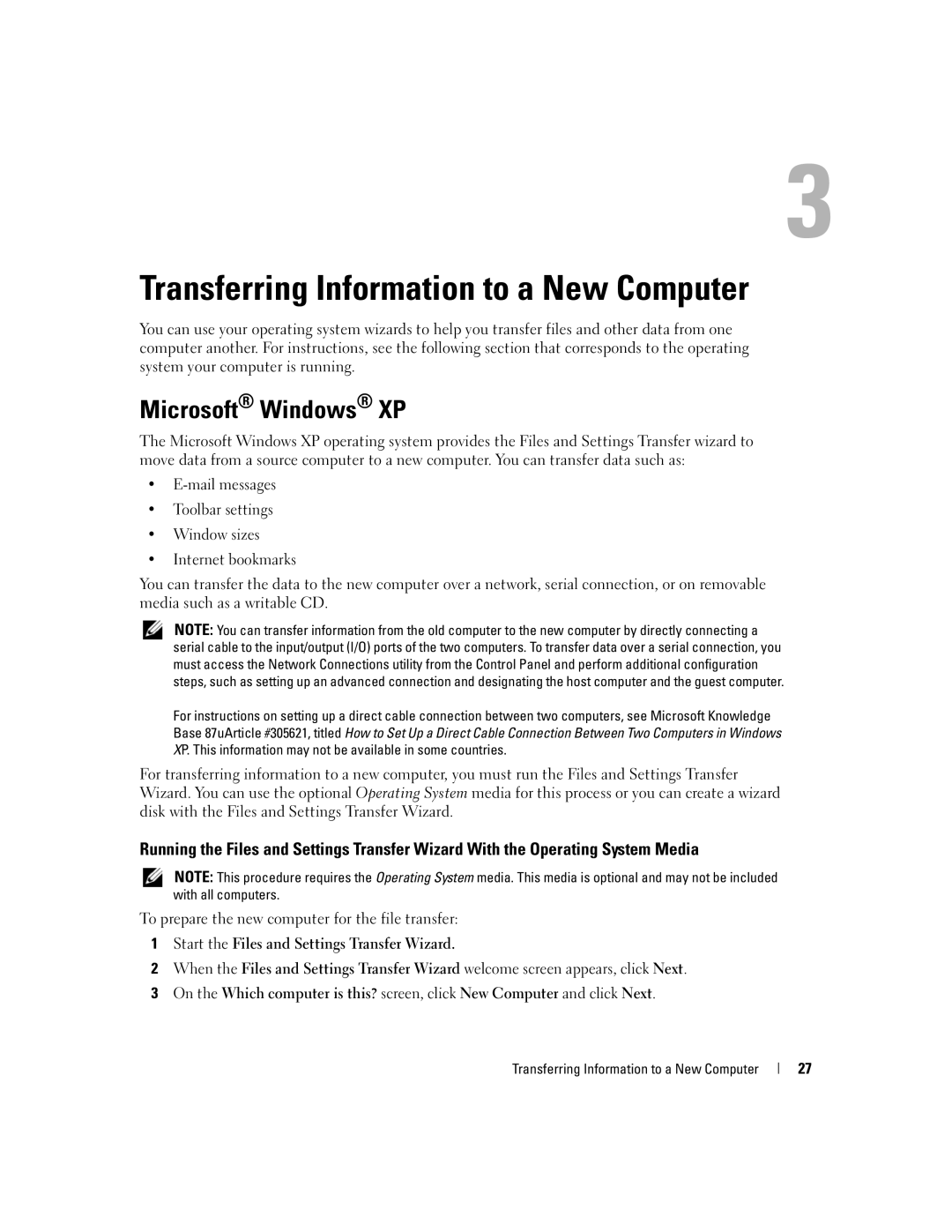 Dell NY105 manual Transferring Information to a New Computer, Microsoft Windows XP 