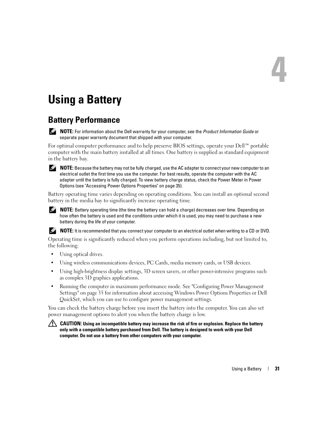 Dell NY105 manual Using a Battery, Battery Performance 