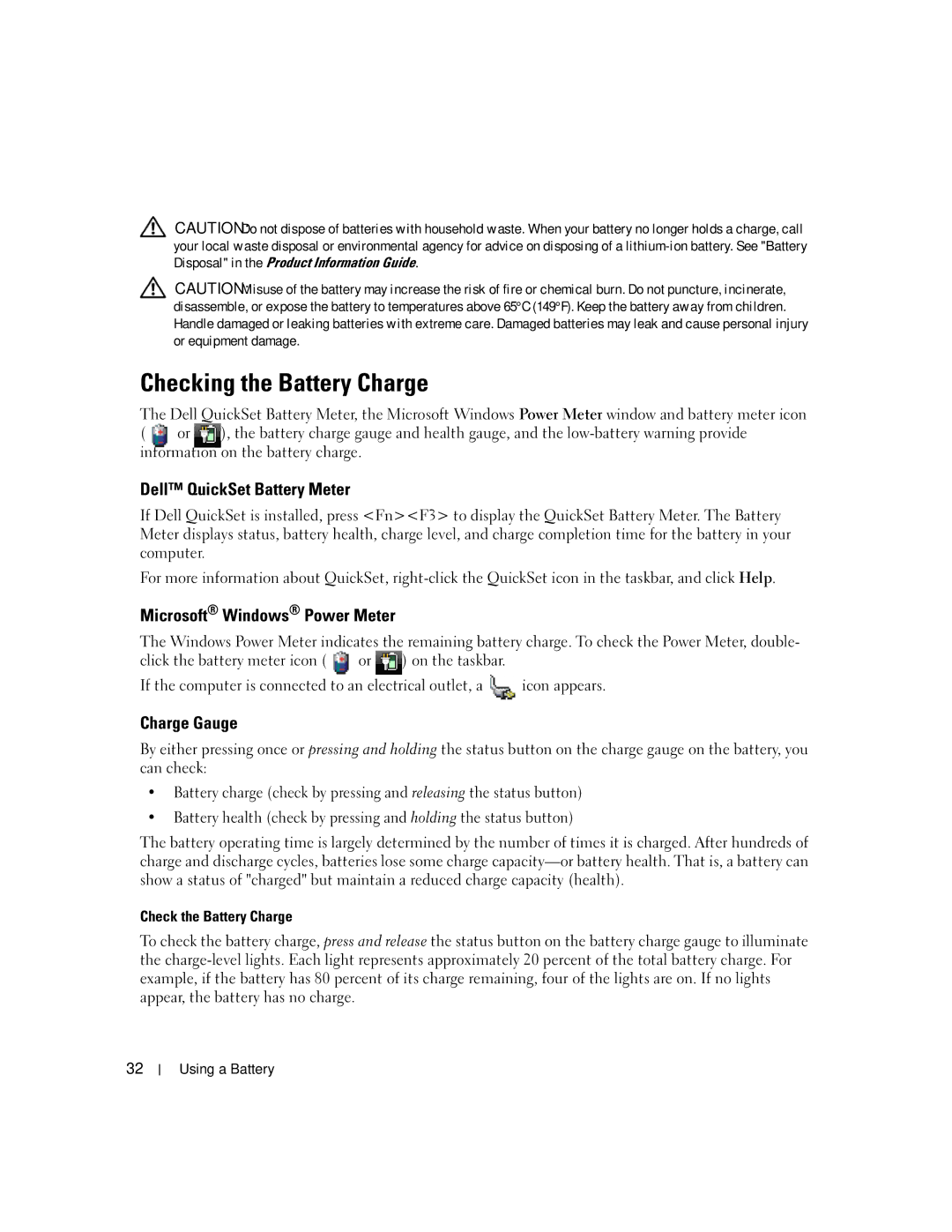 Dell NY105 manual Checking the Battery Charge, Dell QuickSet Battery Meter, Microsoft Windows Power Meter, Charge Gauge 