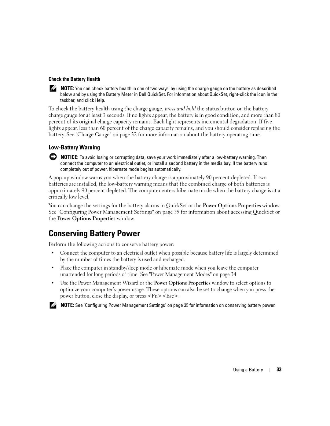 Dell NY105 manual Conserving Battery Power, Low-Battery Warning, Check the Battery Health 