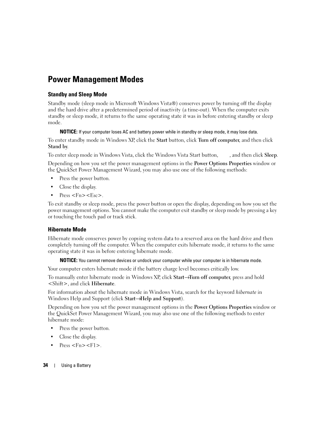 Dell NY105 manual Power Management Modes, Standby and Sleep Mode, Hibernate Mode 