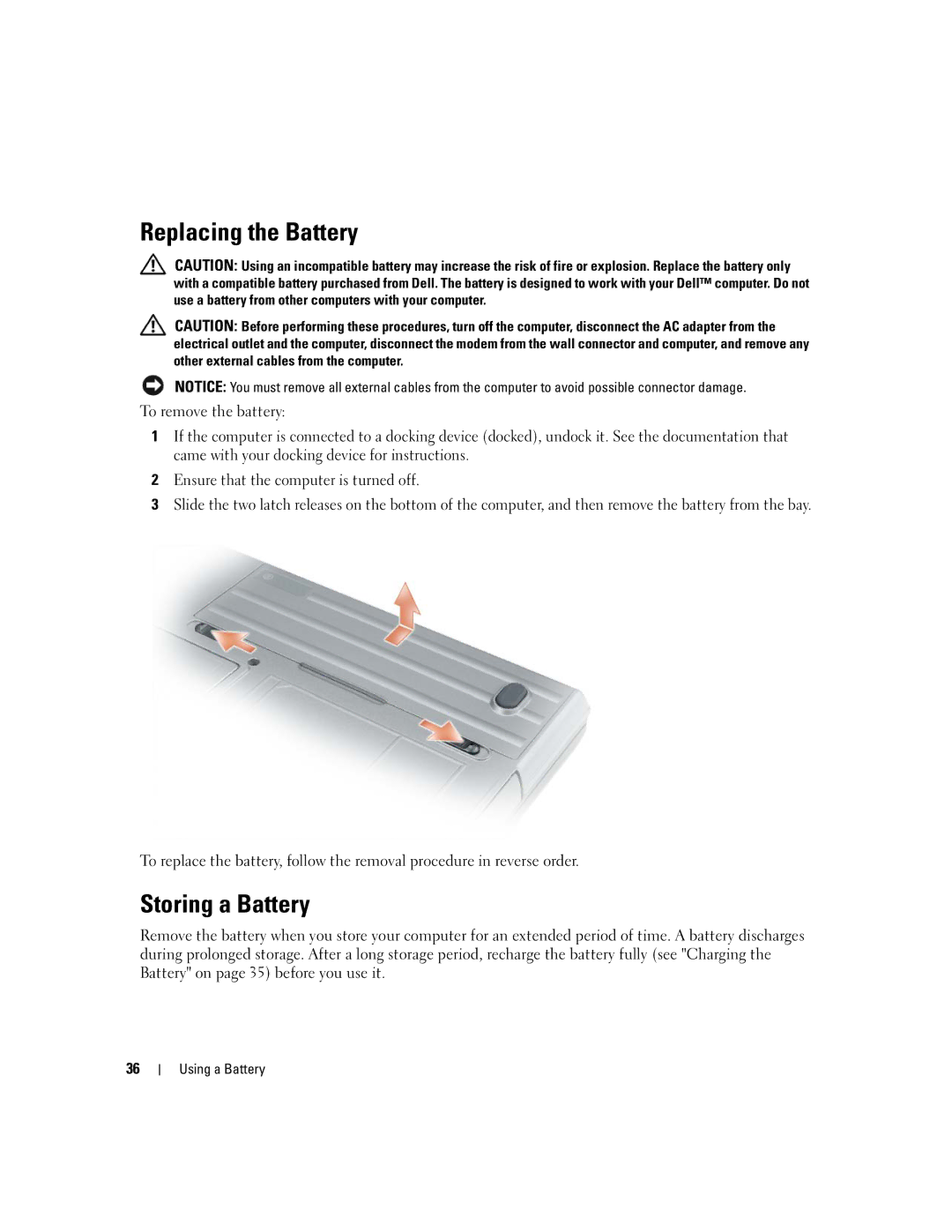 Dell NY105 manual Replacing the Battery, Storing a Battery 