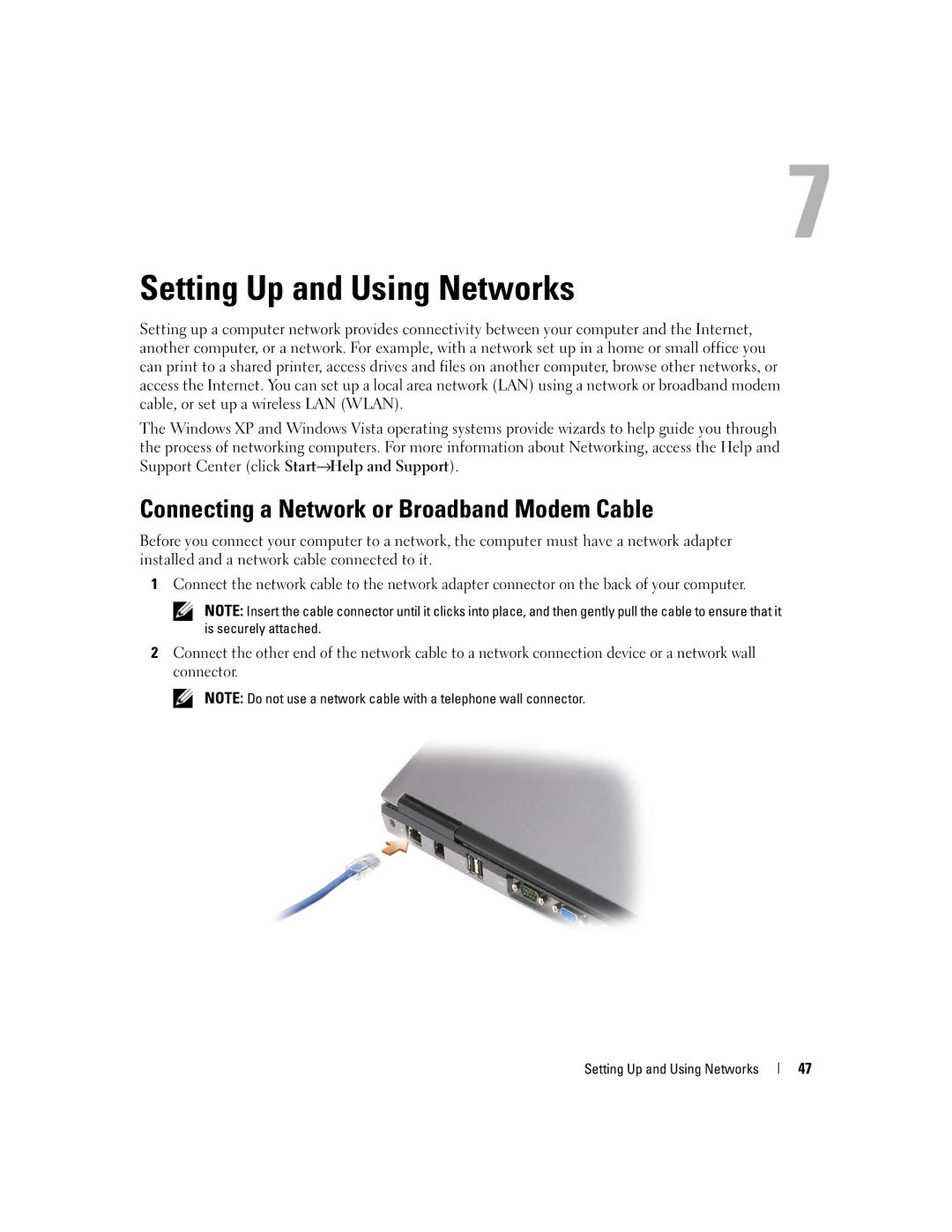 Dell NY105 manual Setting Up and Using Networks, Connecting a Network or Broadband Modem Cable 