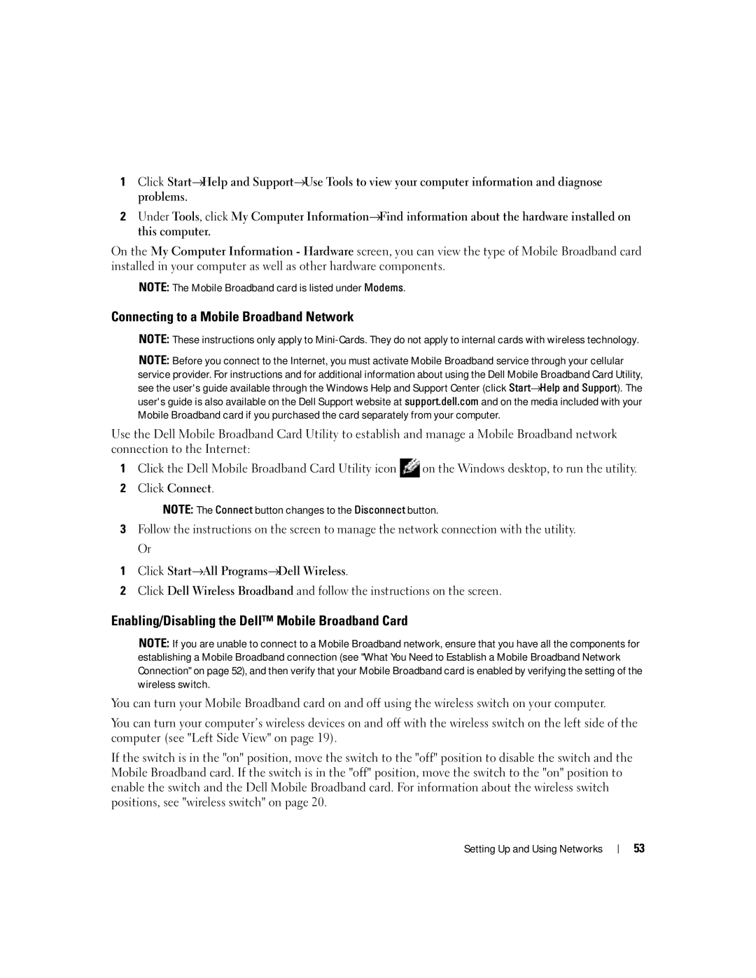 Dell NY105 manual Connecting to a Mobile Broadband Network, Enabling/Disabling the Dell Mobile Broadband Card 