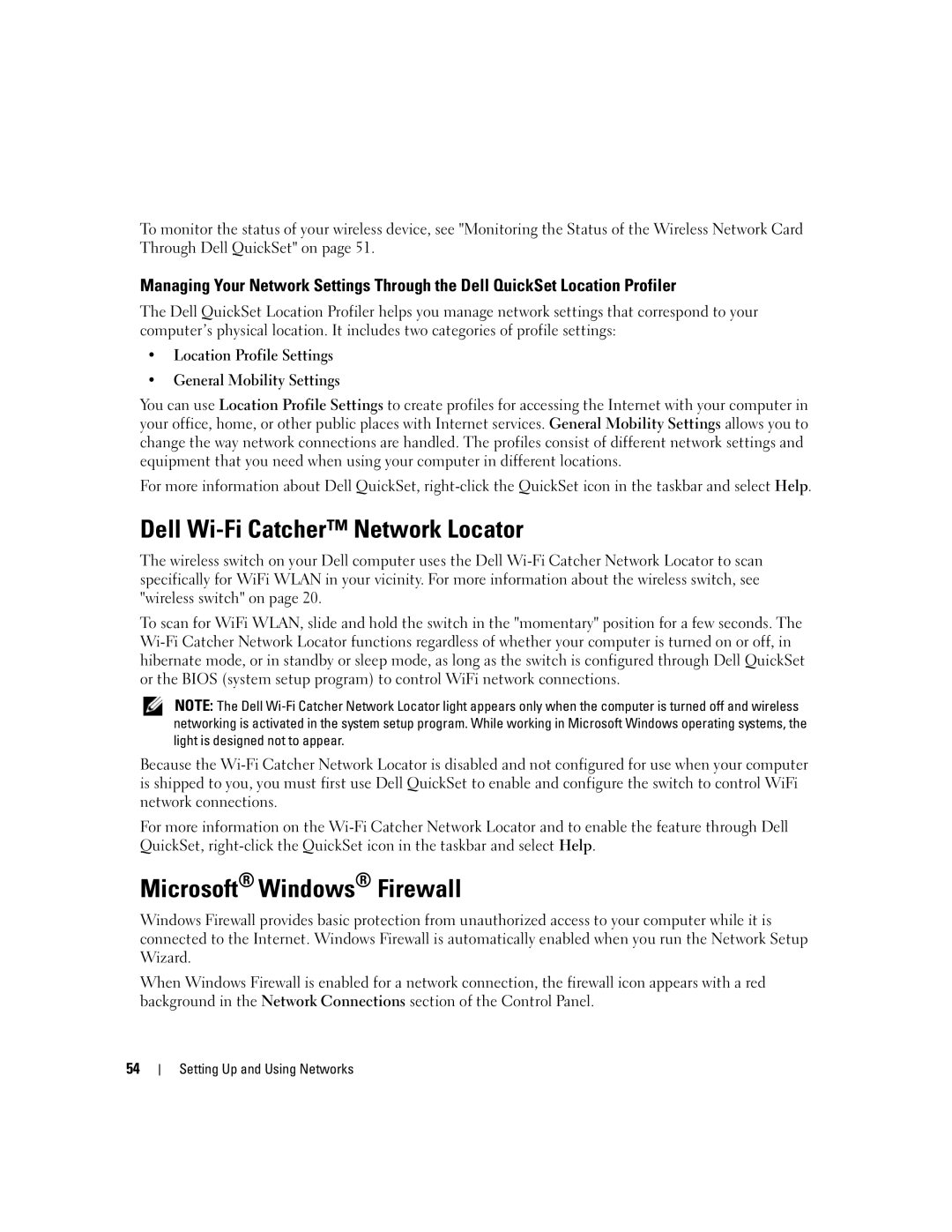 Dell NY105 manual Dell Wi-Fi Catcher Network Locator, Microsoft Windows Firewall 