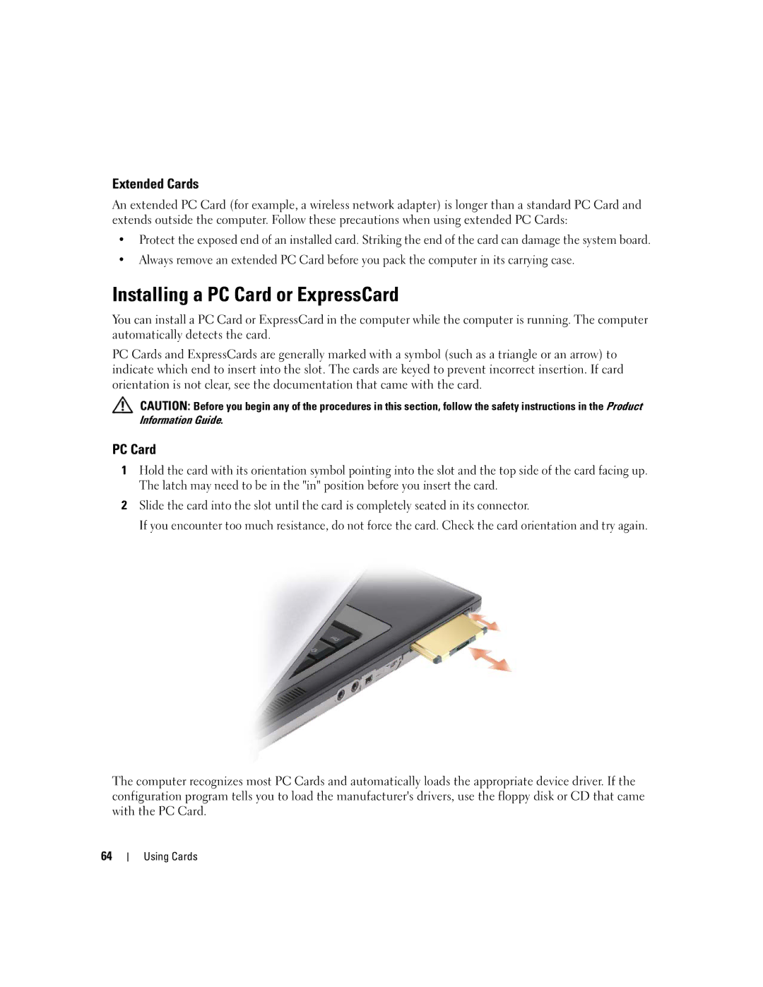 Dell NY105 manual Installing a PC Card or ExpressCard, Extended Cards 