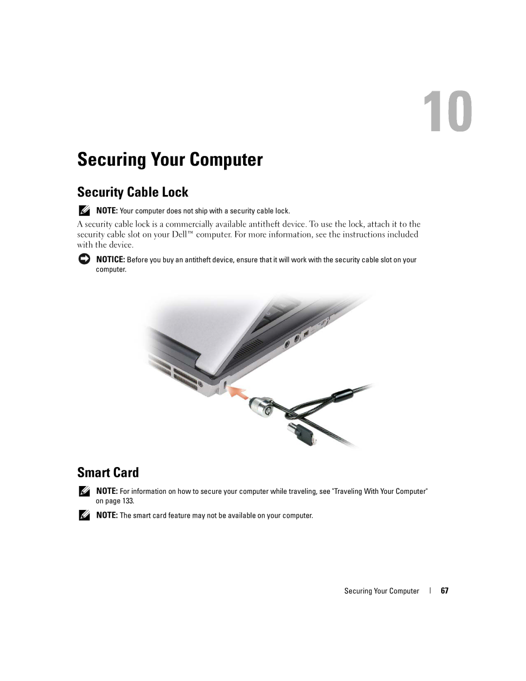 Dell NY105 manual Securing Your Computer, Security Cable Lock, Smart Card 