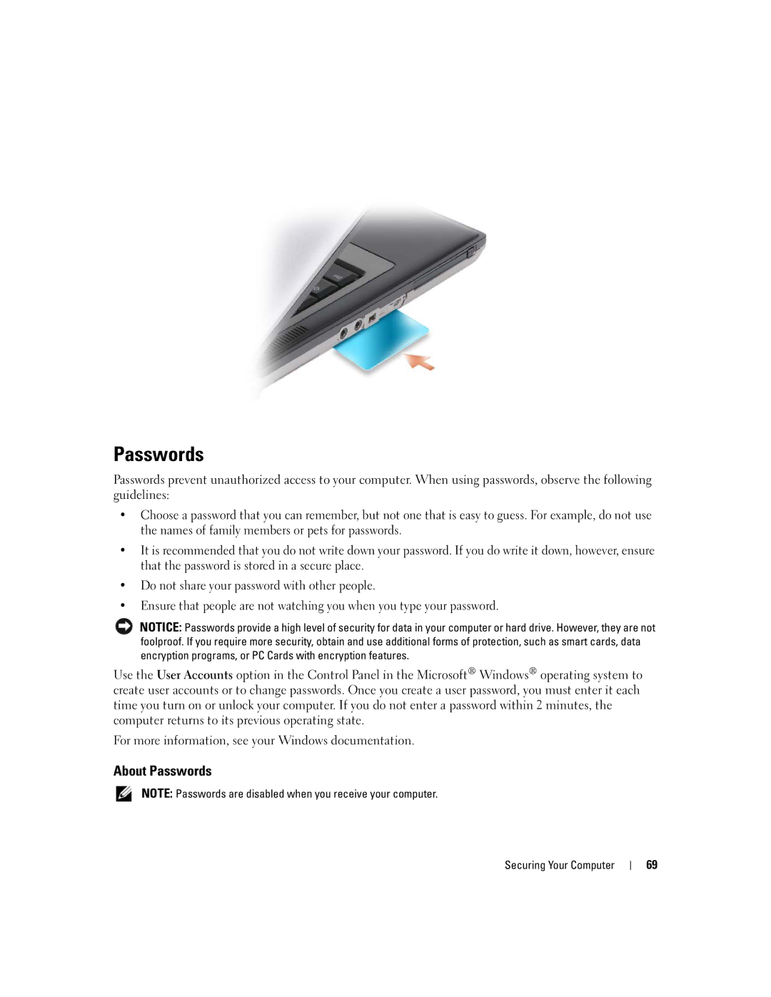 Dell NY105 manual About Passwords 