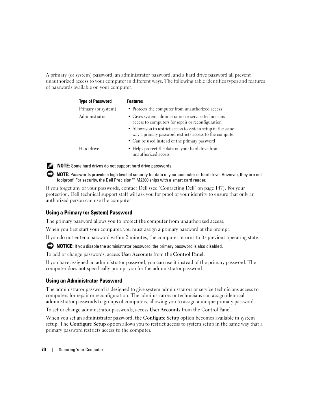 Dell NY105 manual Using a Primary or System Password, Using an Administrator Password 