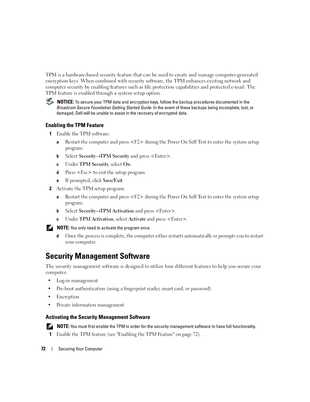 Dell NY105 manual Enabling the TPM Feature, Activating the Security Management Software 