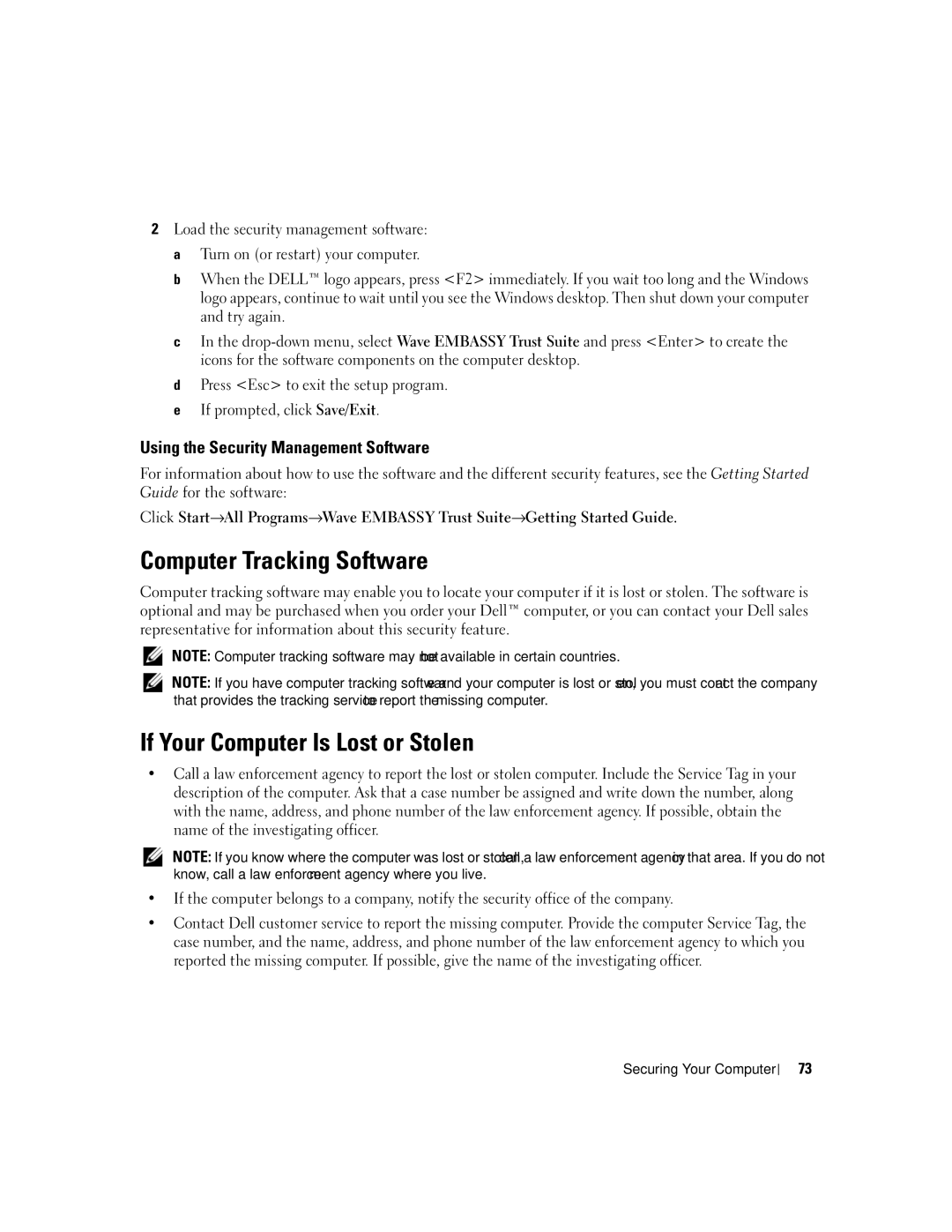 Dell NY105 manual Computer Tracking Software, If Your Computer Is Lost or Stolen, Using the Security Management Software 