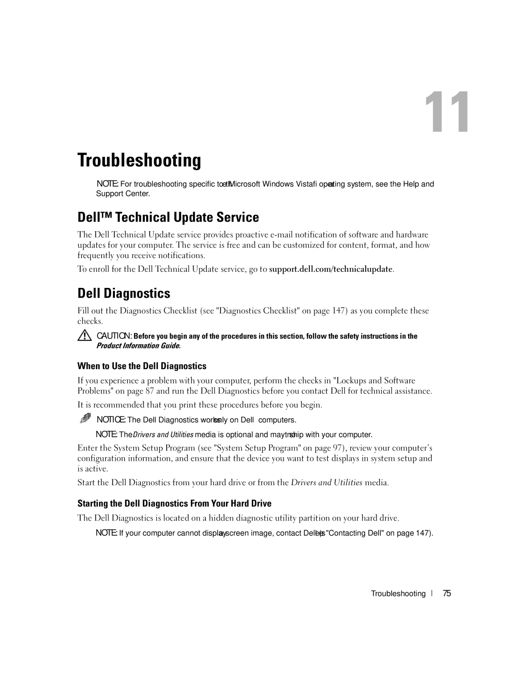 Dell NY105 manual Troubleshooting, Dell Technical Update Service, When to Use the Dell Diagnostics 