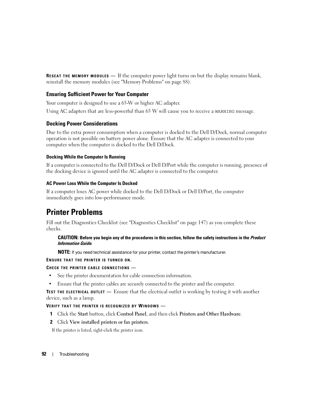 Dell NY105 manual Printer Problems, Ensuring Sufficient Power for Your Computer, Docking Power Considerations 