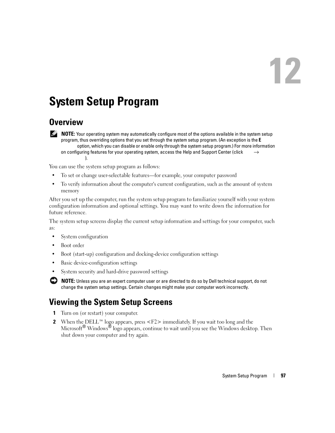 Dell NY105 manual System Setup Program, Overview, Viewing the System Setup Screens 