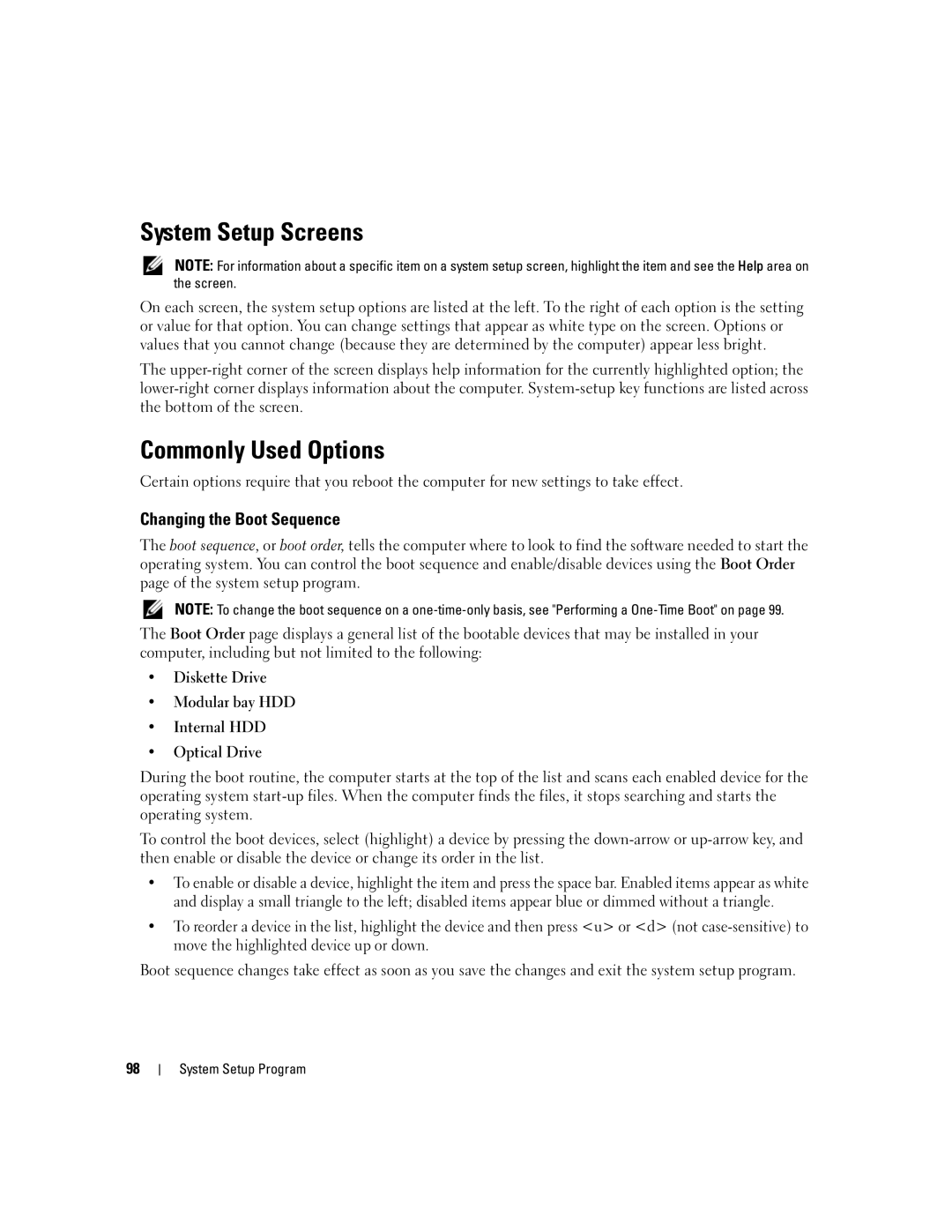 Dell NY105 manual System Setup Screens, Commonly Used Options, Changing the Boot Sequence 