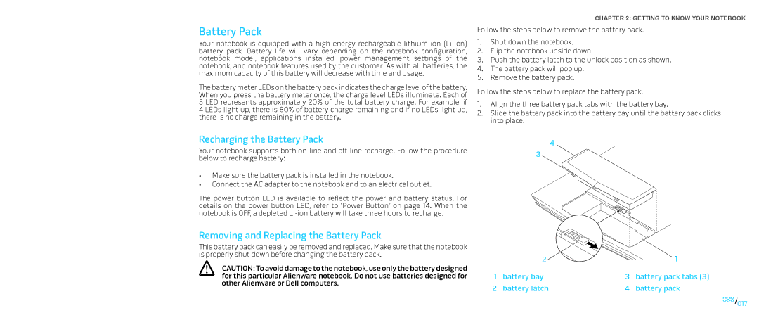 Dell P776N, P01E manual Recharging the Battery Pack, Removing and Replacing the Battery Pack 