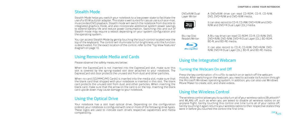 Dell P776N, P01E manual Stealth Mode, Using Removable Media and Cards, Using the Optical Drive, Using the Integrated Webcam 