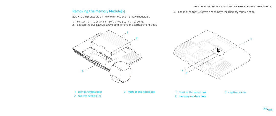 Dell P776N, P01E manual Removing the Memory Modules, Compartment door Front of the notebook Captive screws 