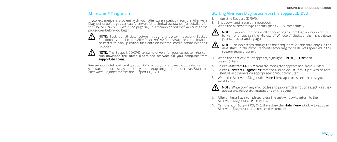 Dell P776N, P01E manual Starting Alienware Diagnostics From the Support CD/DVD 