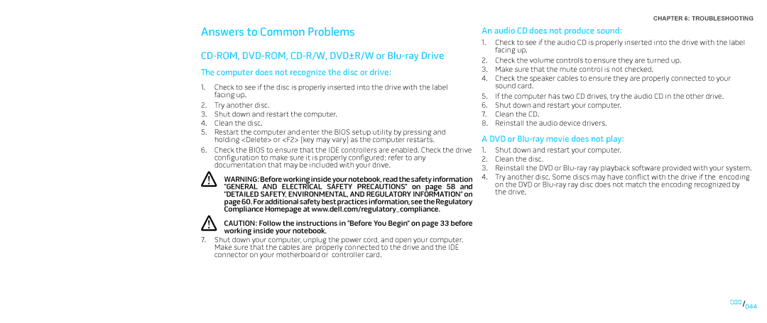 Dell P01E Answers to Common Problems, Computer does not recognize the disc or drive, An audio CD does not produce sound 