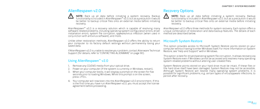 Dell P01E, P776N manual Using AlienRespawn, Microsoft System Restore 