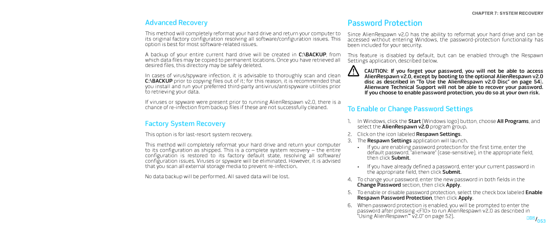 Dell P776N, P01E Password Protection, Advanced Recovery, Factory System Recovery, To Enable or Change Password Settings 