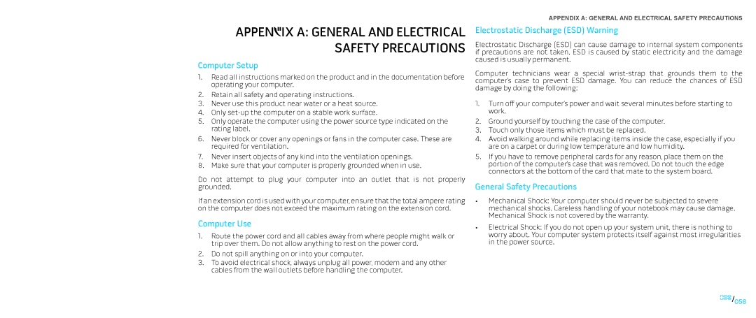 Dell P01E Appendix a General and Electrical Safety Precautions, Computer Setup, Computer Use, General Safety Precautions 