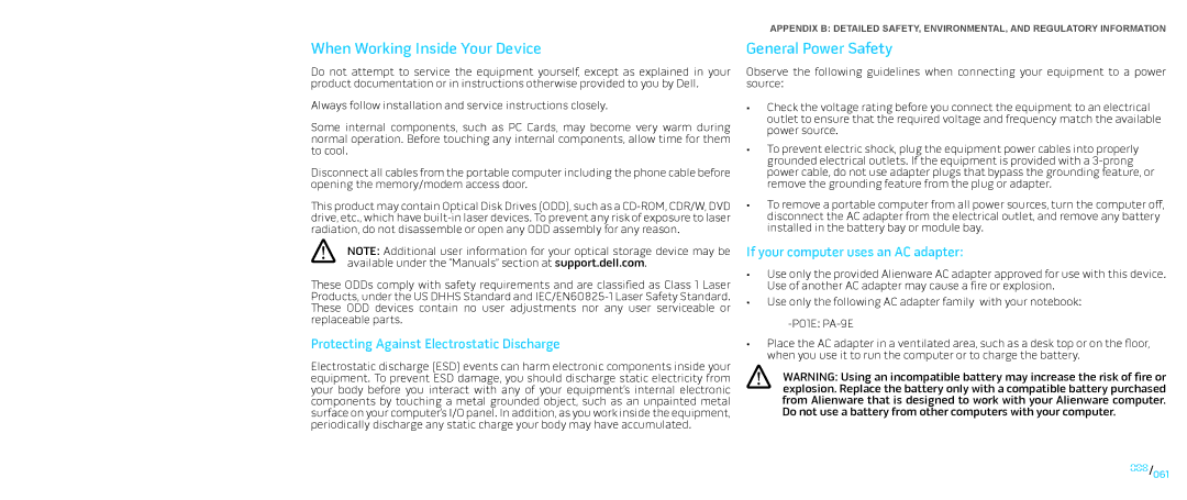 Dell P776N, P01E manual When Working Inside Your Device, General Power Safety, Protecting Against Electrostatic Discharge 