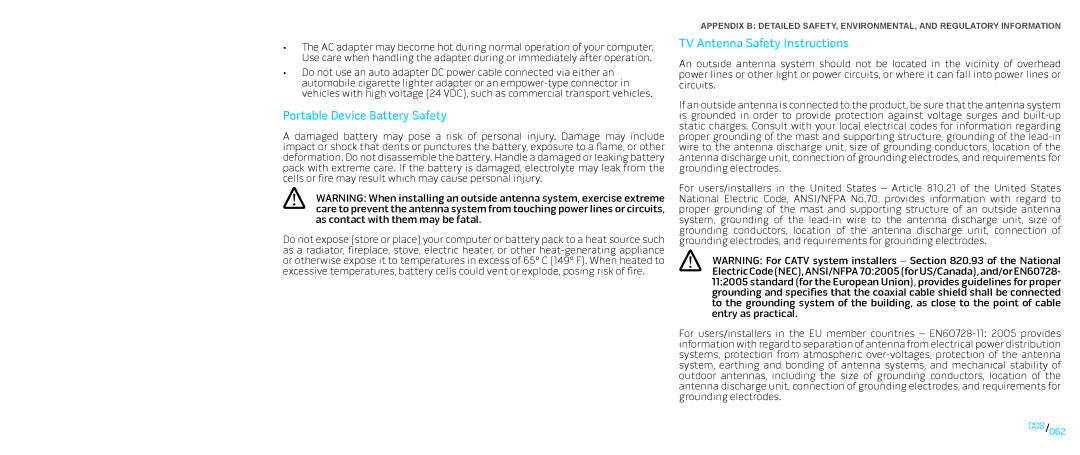 Dell P01E, P776N manual Portable Device Battery Safety, TV Antenna Safety Instructions 