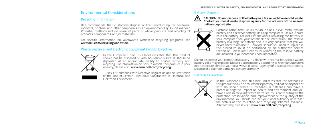 Dell P01E Environmental Considerations, Recycling Information, Waste Electrical and Electronic Equipment Weee Directive 