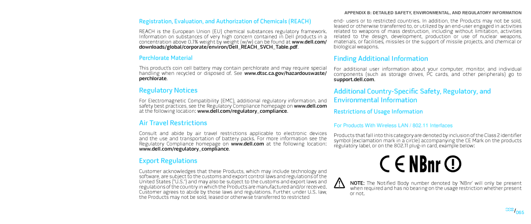 Dell P776N, P01E manual Export Regulations, Perchlorate Material, Restrictions of Usage Information 