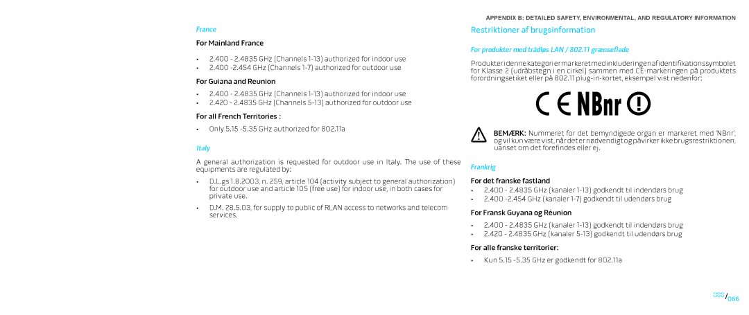 Dell P01E Restriktioner af brugsinformation, France, Italy, For produkter med trådløs LAN / 802.11 grænseflade, Frankrig 