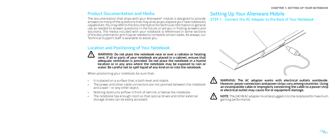 Dell P776N Setting Up Your Alienware Mobile, Product Documentation and Media, Location and Positioning of Your Notebook 