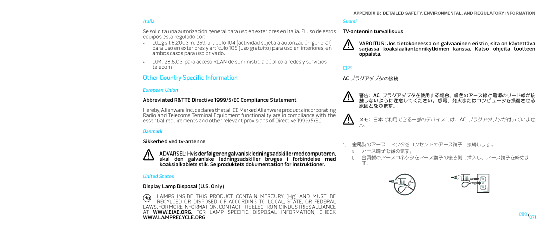 Dell P776N, P01E manual Other Country Specific Information, European Union, Danmark, United States, Suomi 