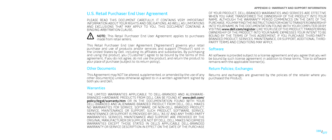 Dell P776N, P01E Retail Purchaser End User Agreement, Software, Other Documents, Return Policies Exchanges, Warranties 