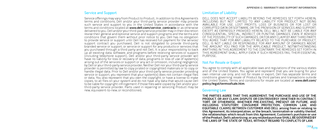 Dell P01E, P776N manual Service and Support, Limitation of Liability, Not For Resale or Export Governing Law 