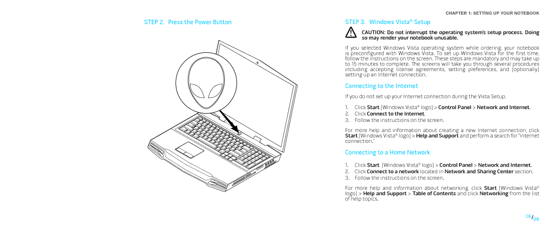 Dell P01E, P776N manual Press the Power Button Windows Vista Setup, Connecting to the Internet, Connecting to a Home Network 