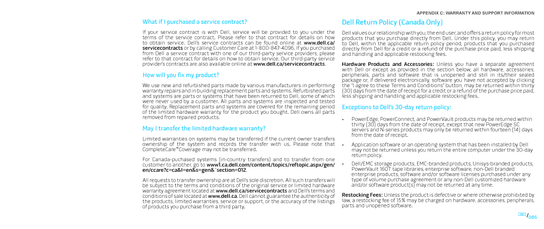 Dell P01E, P776N manual Dell Return Policy Canada Only, Exceptions to Dell’s 30-day return policy 