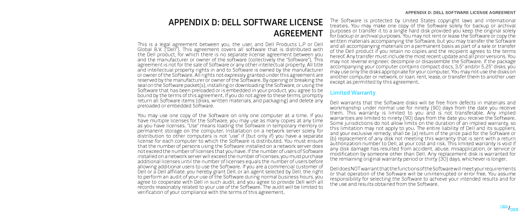 Dell P01E, P776N manual Appendix D Dell Software License Agreement, Limited Warranty 