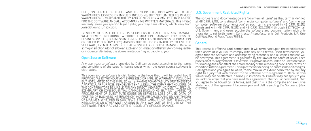 Dell P776N, P01E manual Open Source Software, Government Restricted Rights, General 