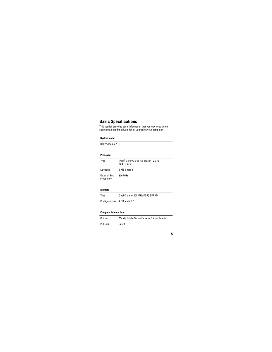 Dell P01S specifications Basic Specifications 