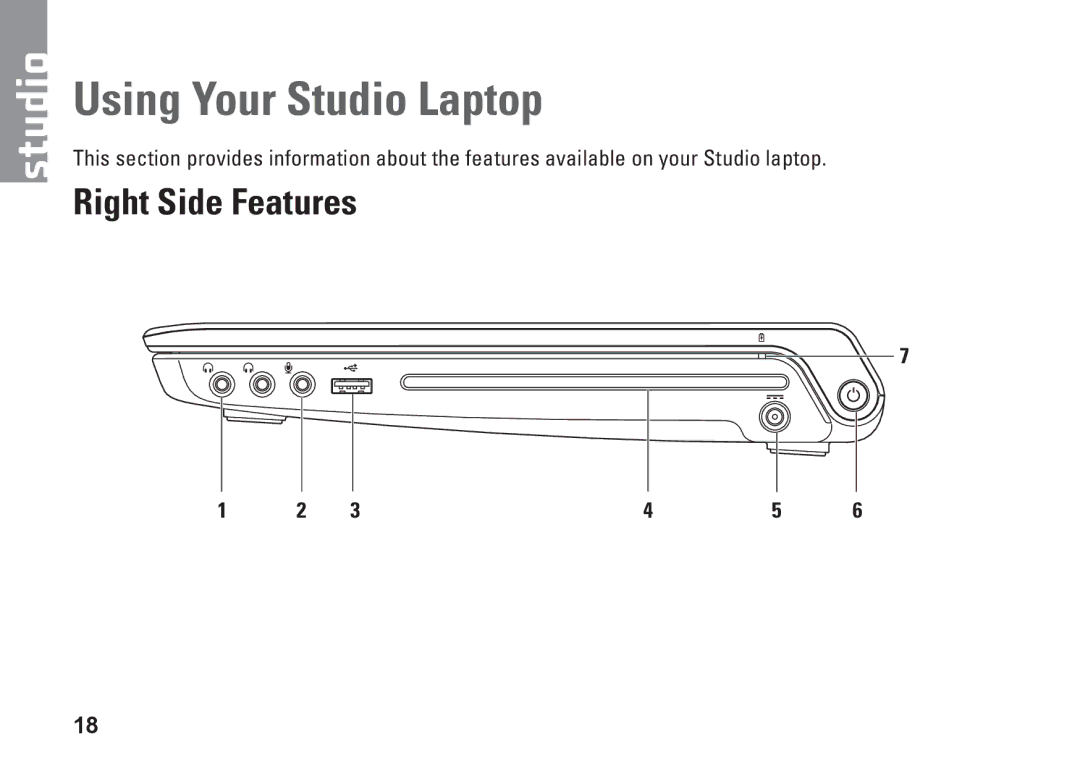 Dell P03G setup guide Using Your Studio Laptop, Right Side Features 