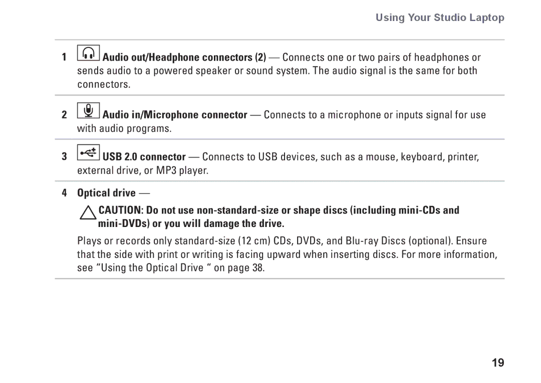 Dell P03G setup guide Using Your Studio Laptop, Optical drive 