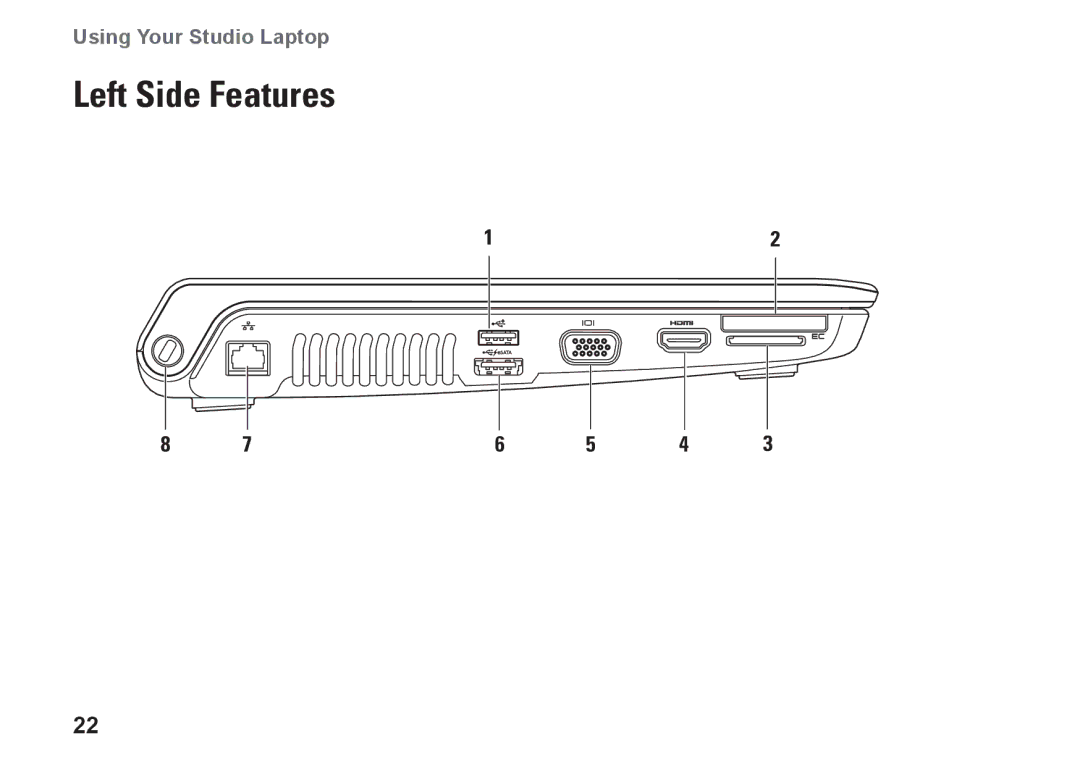 Dell P03G setup guide Left Side Features 