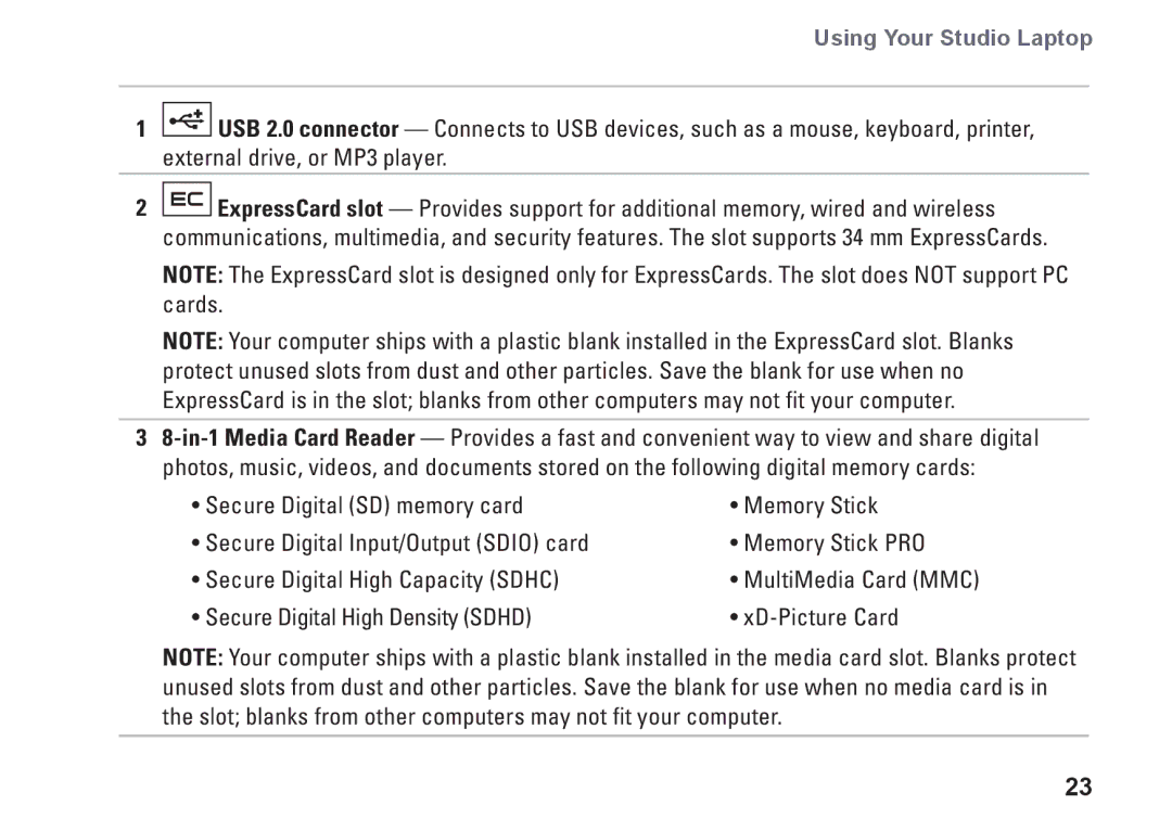 Dell P03G setup guide Using Your Studio Laptop 