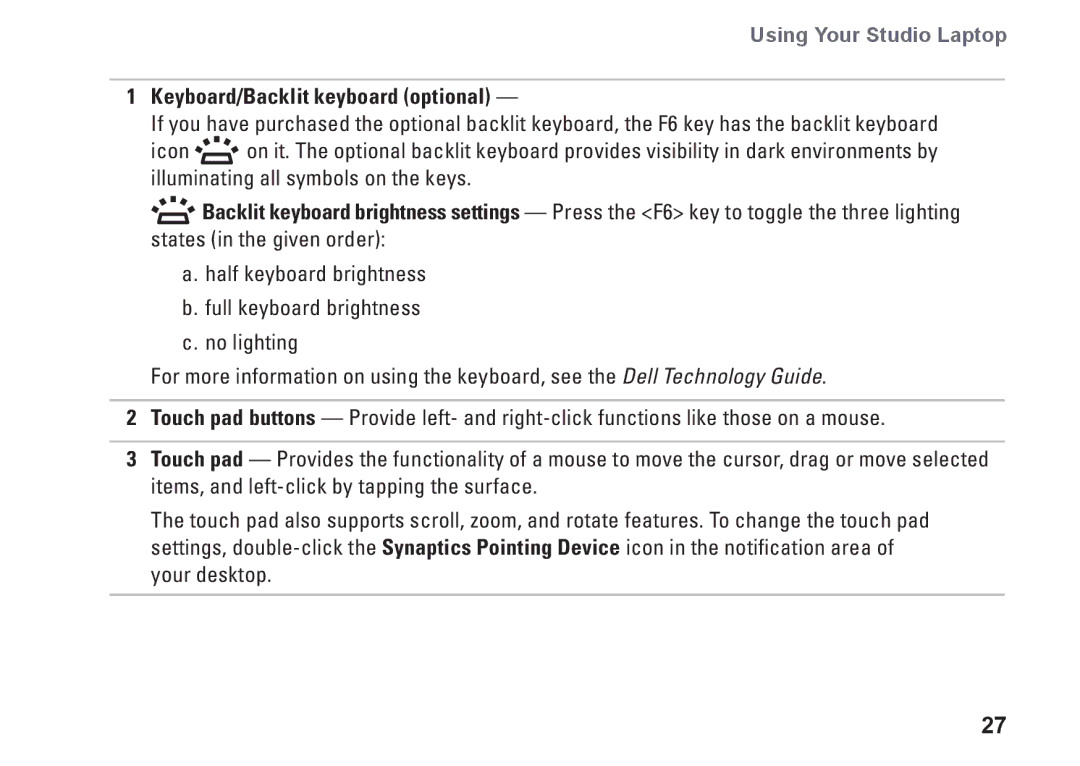 Dell P03G setup guide Keyboard/Backlit keyboard optional 